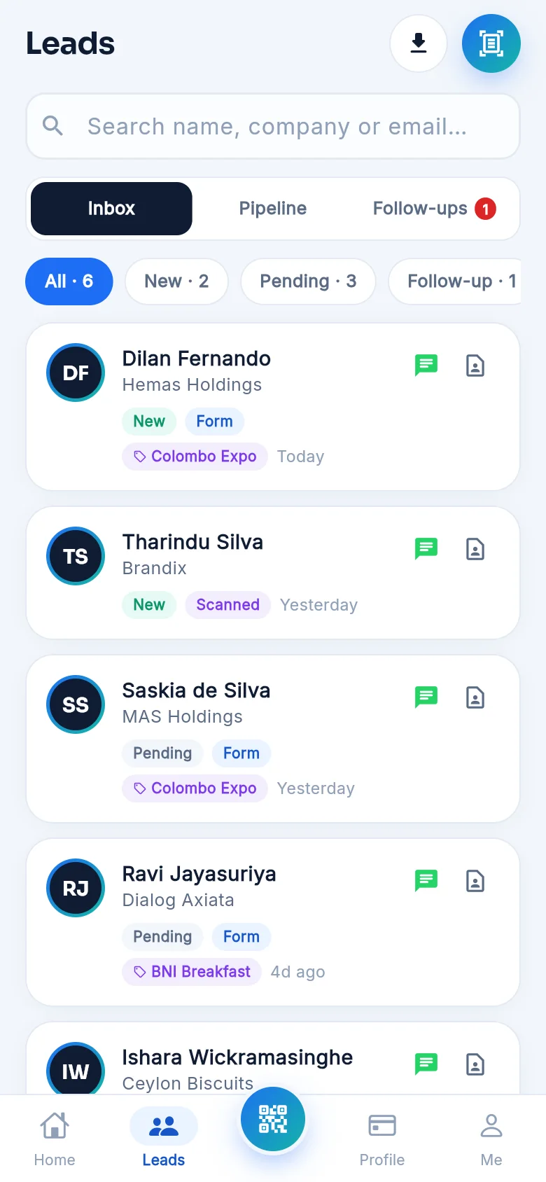 The TapID app leads tab: inbox, pipeline and follow-ups