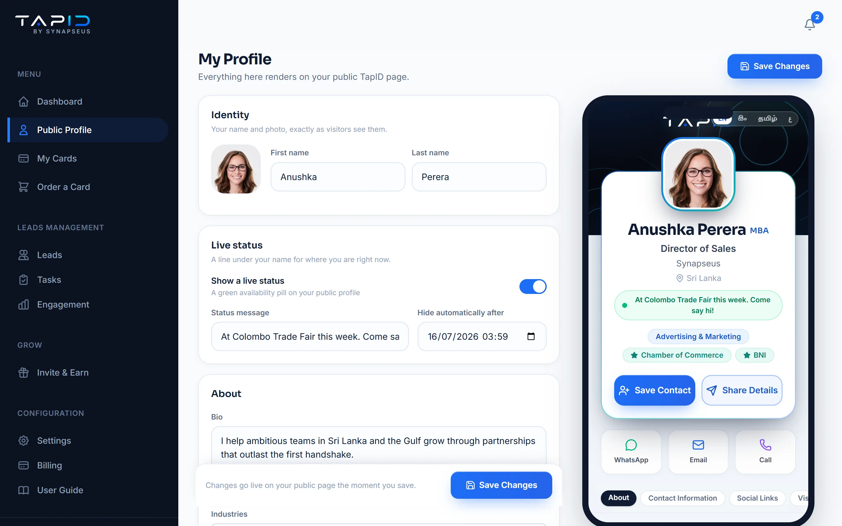 TapID profile editor with live public-page preview