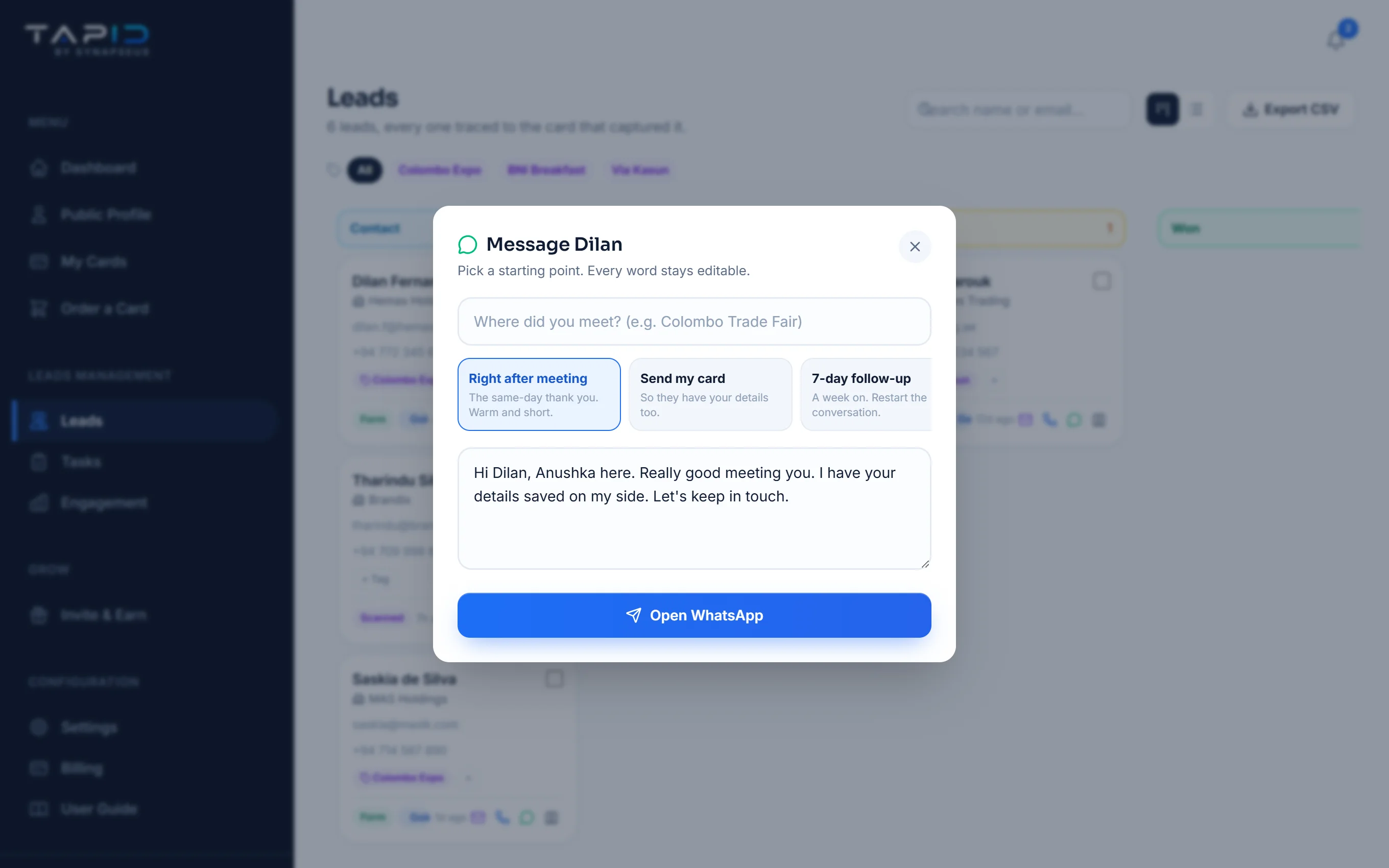 TapID WhatsApp follow-up templates, personalised with the lead's name and where you met